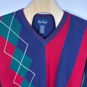 Par Four Mens Vintage Argyle Striped V-Neck Sweater Blue Red Green Large